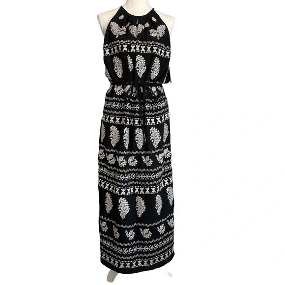 THML Black & Cream Embroidered Halter Maxi Dress NWT Women’s Size Medium - Picture 1 of 11